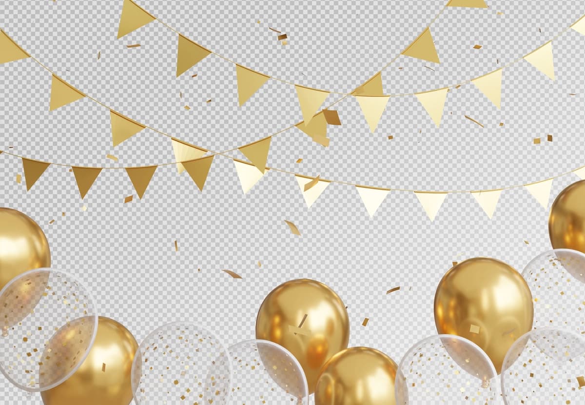 Bayroq gulchambar bayrami bilan 3D tasvirlangan oltin sharlar | 3d render golden balloons with flag garland celebration