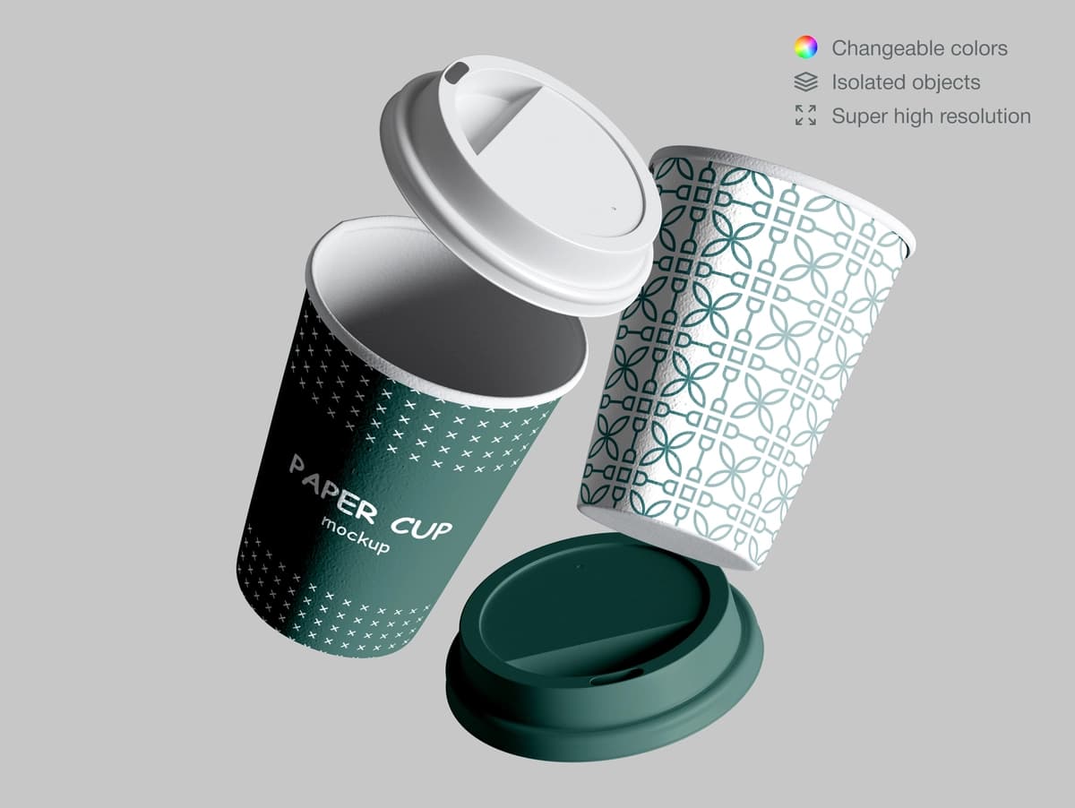 Haqiqiy suzuvchi qog'oz stakanlarning qopqoqli maketi | Realistic floating paper cups mockup with lids