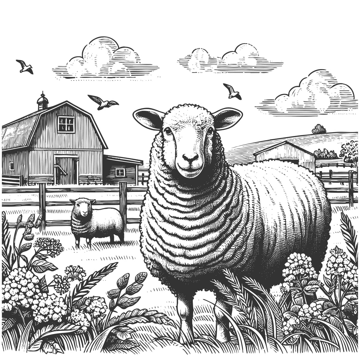 Qoʻy ombori vektor tasviri bilan ferma sahnasi | Farm scene with sheep barn vector illustration