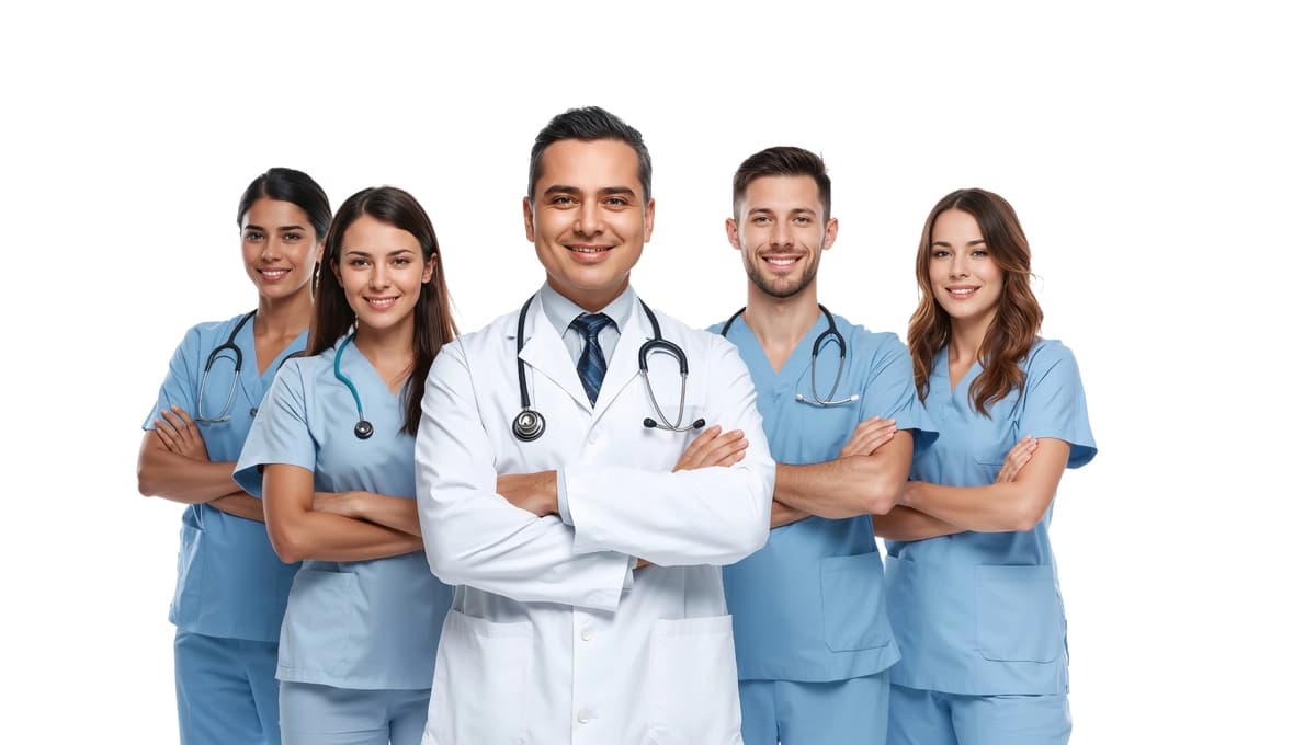Ishonchli tibbiy guruh shifokori hamshiralar formasi jilmayib turgan kamera shaffof | Confident medical team doctor nurses uniforms smiling camera transparent