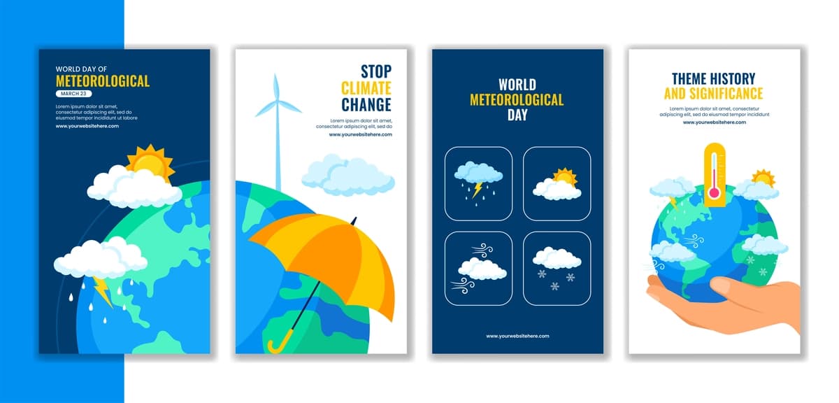 Ijtimoiy tarmoqlardagi hikoyalar shabloni Jahon meteorologiya kuni tekis chizilgan | Social media stories template world meteorological day flat handdrawn