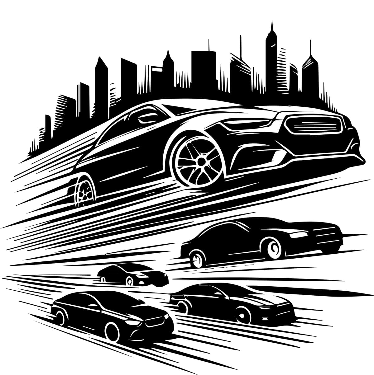 Bepul vektor qo'lda chizilgan mashinada shaharning asosiy yo'li silueti bor | Free vector handdrawn car has driving city main road silhouette