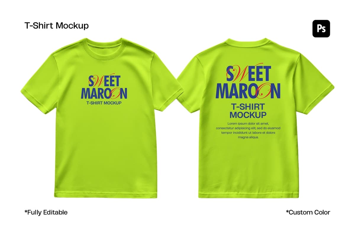 Ohak yashil rangli futbolka maketi, old tomoni orqadan ko‘rinishda brend belgisi | Lime green t shirt mockup with front back views branding