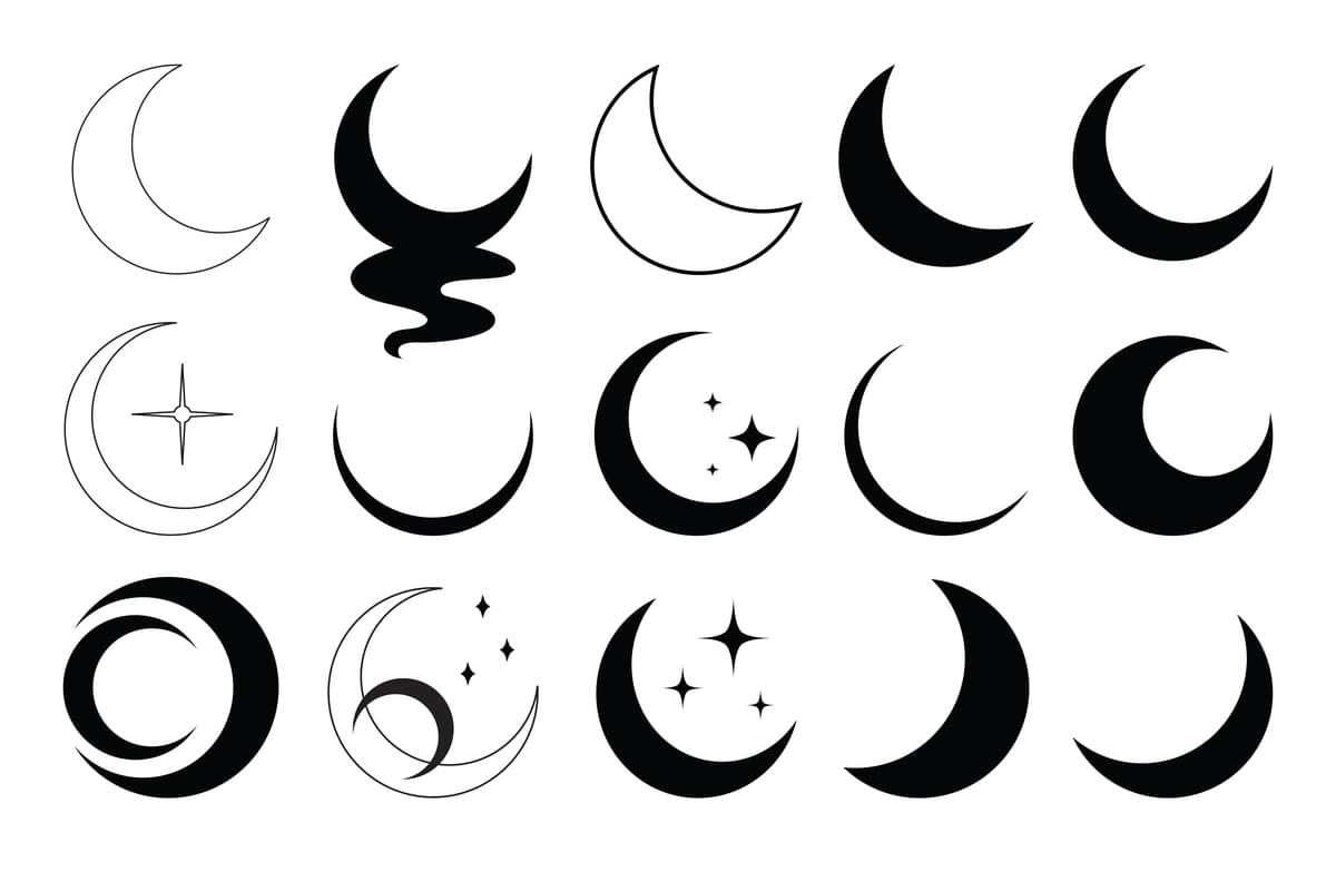 Oy yulduzlari oy fazalari kristallar sehrli belgilar vektor to'plami sharqona | Moon stars moon phases crystals magic symbols vector set oriental