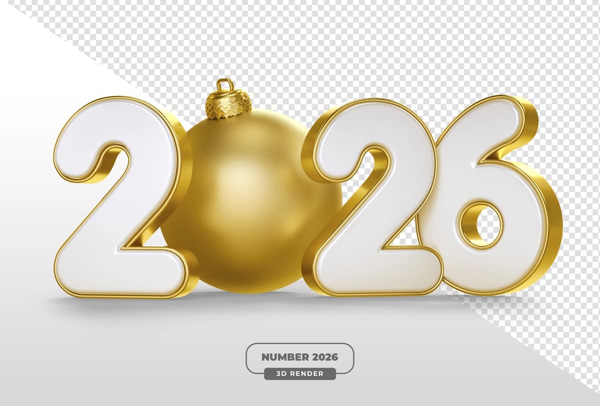 Oltin Rojdestvo to'pi 2026 raqamlari bilan shaffof 3D render | Golden christmas ball with 2026 numbers 3d render with transparent
