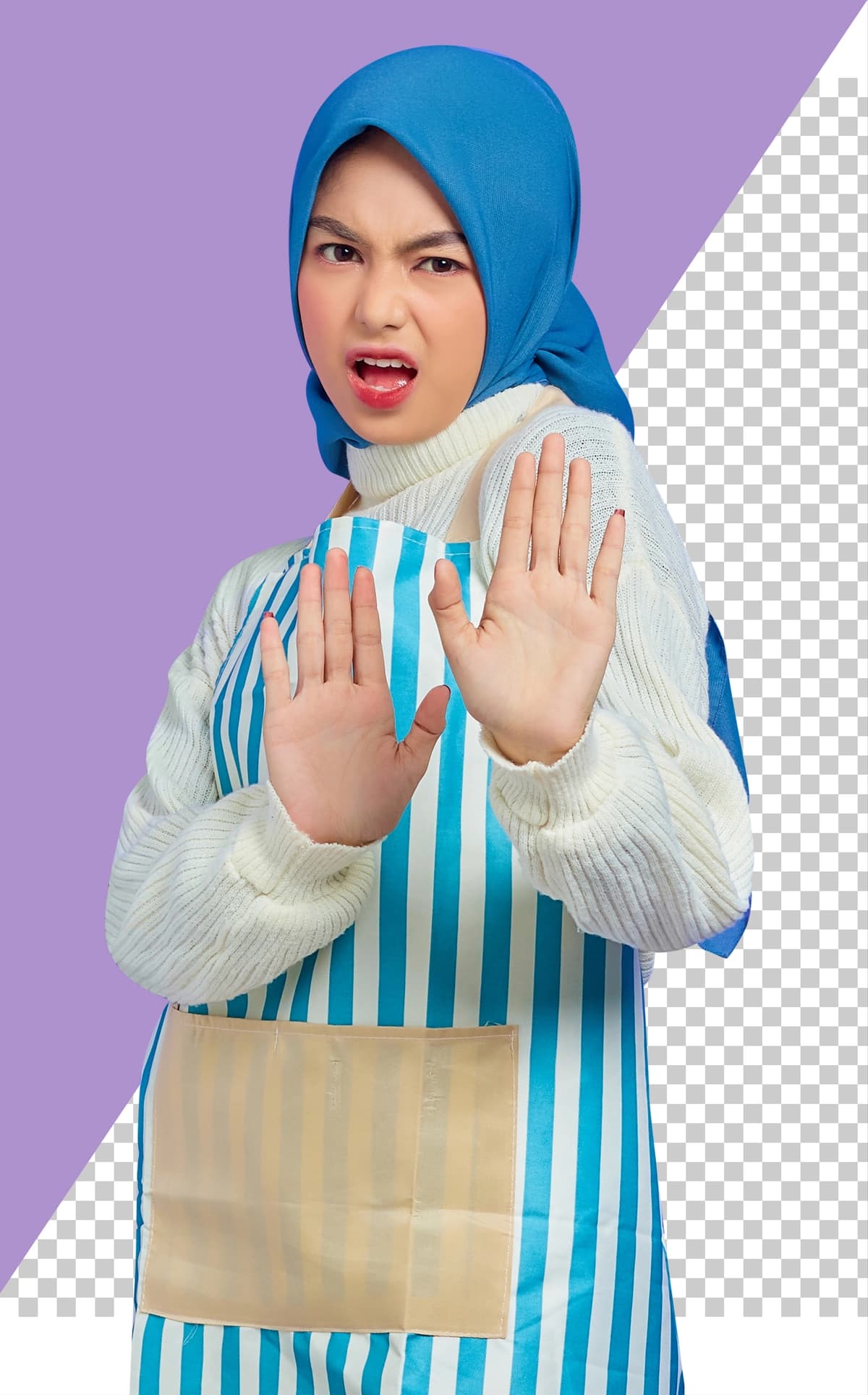 Portret g'azablangan yosh osiyolik musulmon ayol hijobli chiziqli fartuk ko'rsatmoqda | Portrait angry young asian muslim woman hijab striped apron showing
