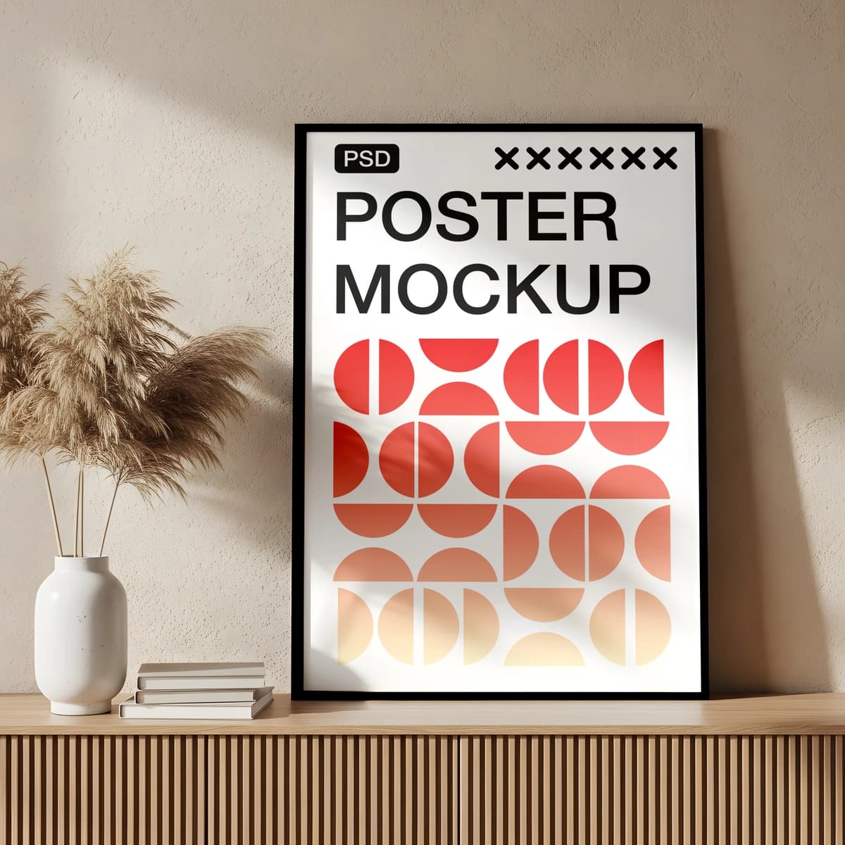 Pampas o'ti kitoblari bilan zamonaviy ramkali plakat maketi | Modern framed poster mockup with pampas grass books