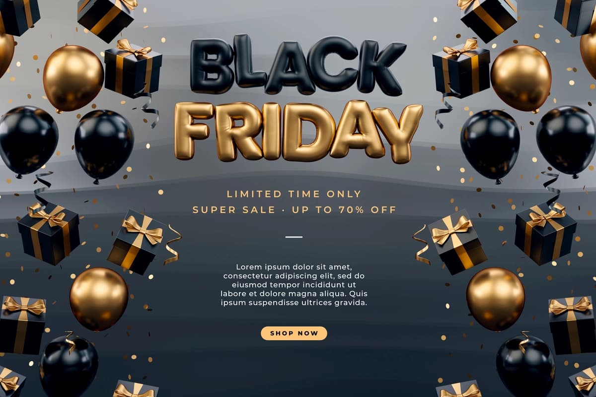 Qora juma bannerida oltin qora sovg'alar sharlar konfeti qorong'i | Black friday banner with gold black gifts balloons confetti dark
