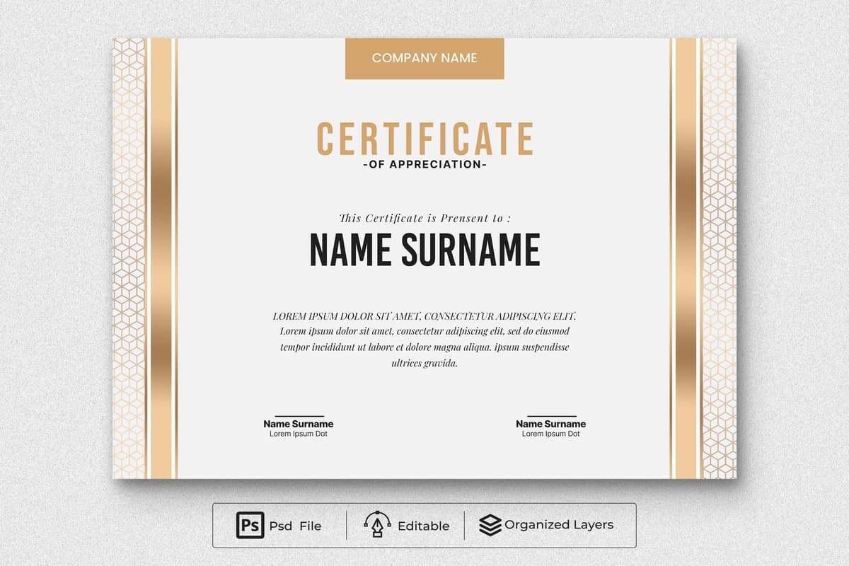 Psd zamonaviy hashamatli nafis oddiy sertifikat oltin bilan minnatdorchilik | Psd modern luxury elegant simple certificate appreciation with gold