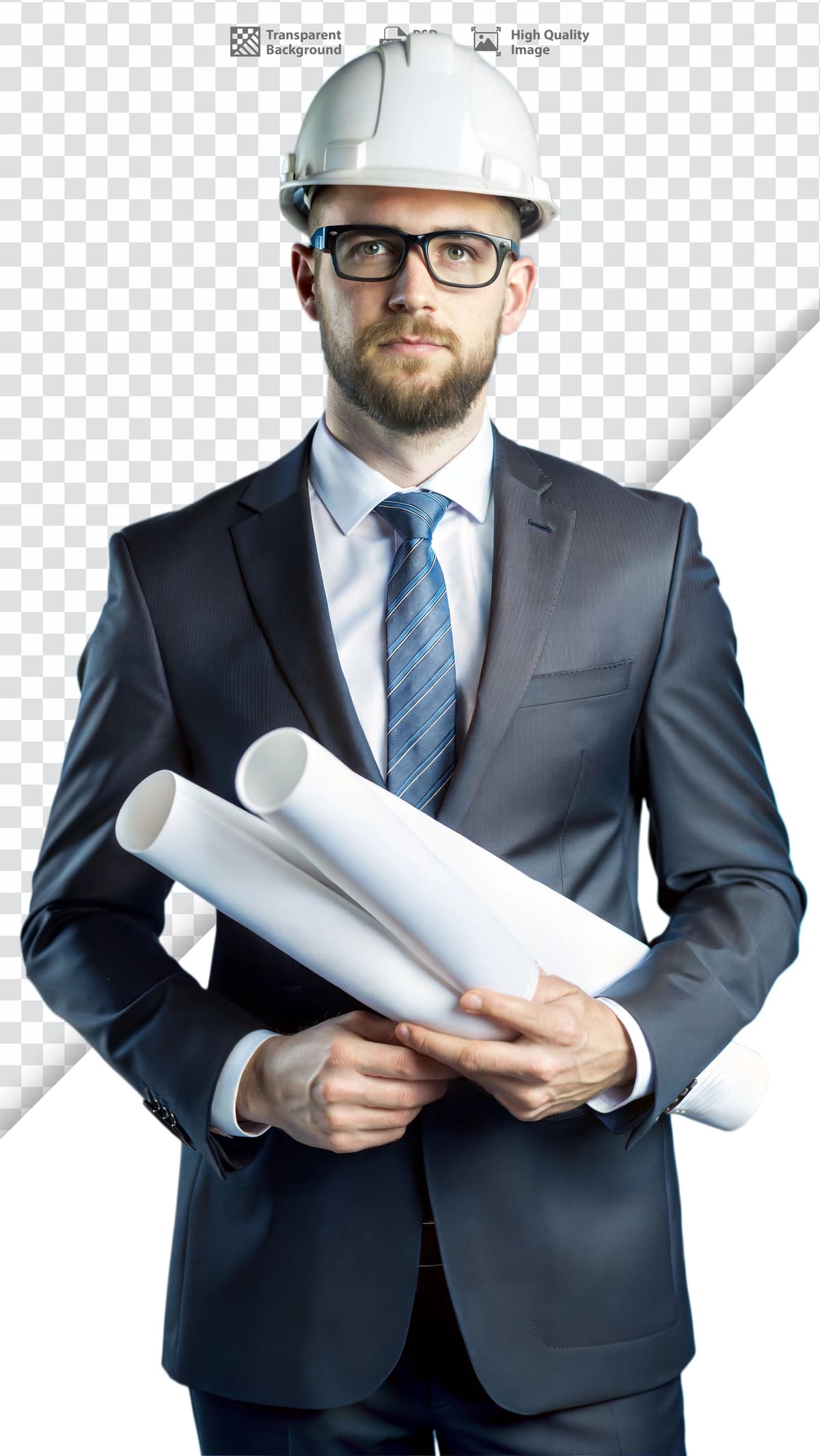 O'ziga ishongan erkak me'mor shlyapa kostyumi chizmalarini ushlab turadi | Confident male architect holding blueprints suit hard hat
