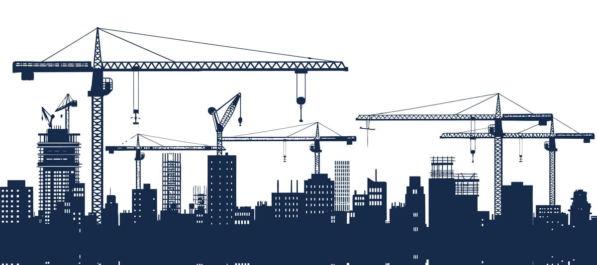 Minora krani vektori bilan qurilish krani shahar silueti silueti | Construction crane city skyline silhouette with tower crane vector