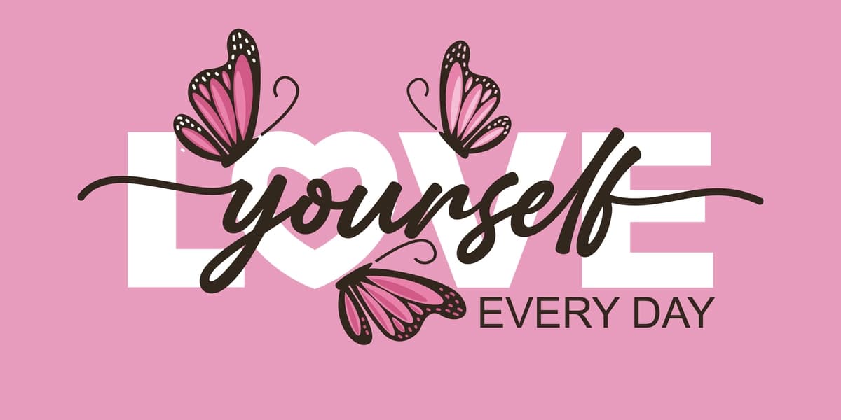 O'zingizni har kuni seving matn pushti kapalaklar vektor illyustratsiyasi | Love yourself every day text pink butterflies vector illustration