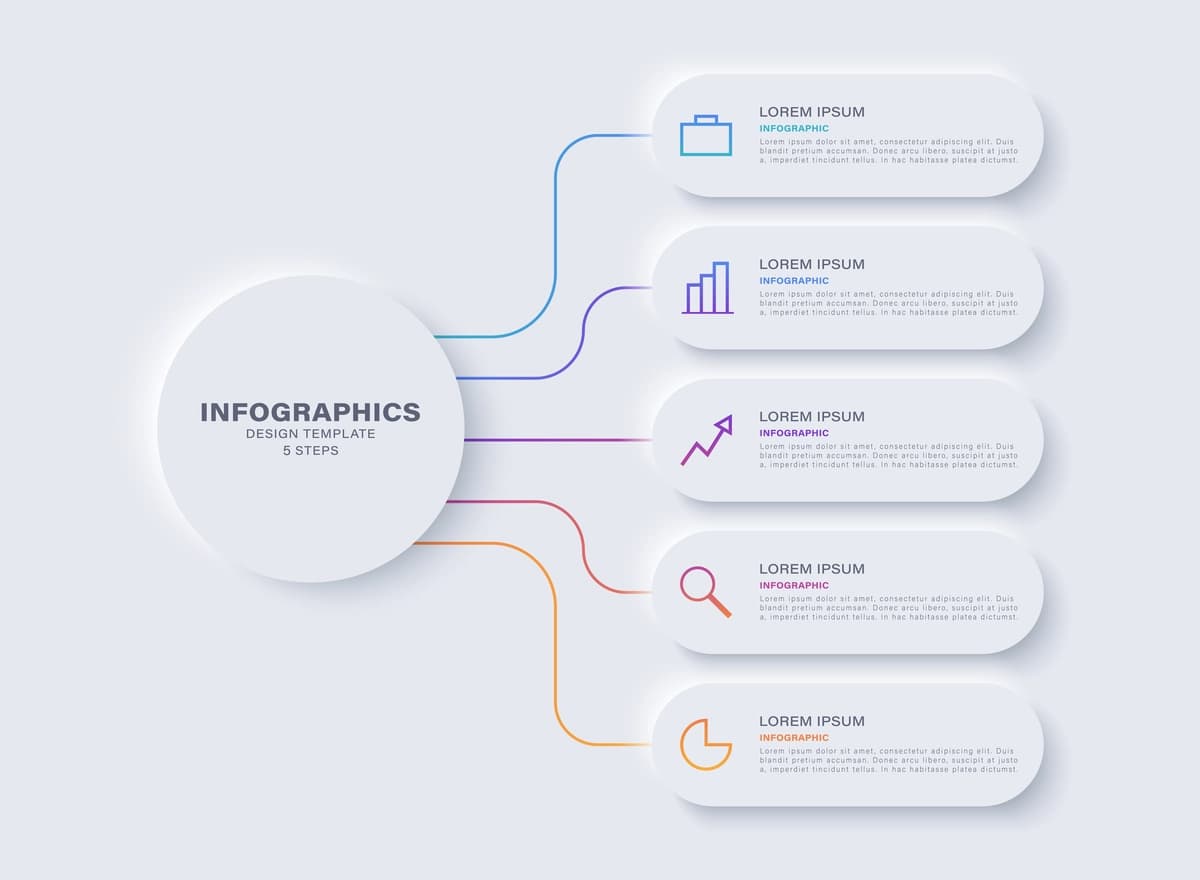 Neymorfizm dizayni infografikasi besh variantli diagramma | Neumorphism design infographic five option chart