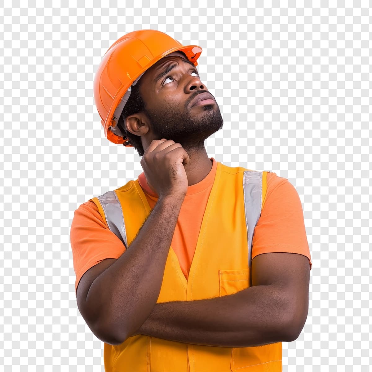 To'q sariq rangli qattiq qalpoqli sariq yelek kiygan odam | Man wearing orange hard hat yellow vest