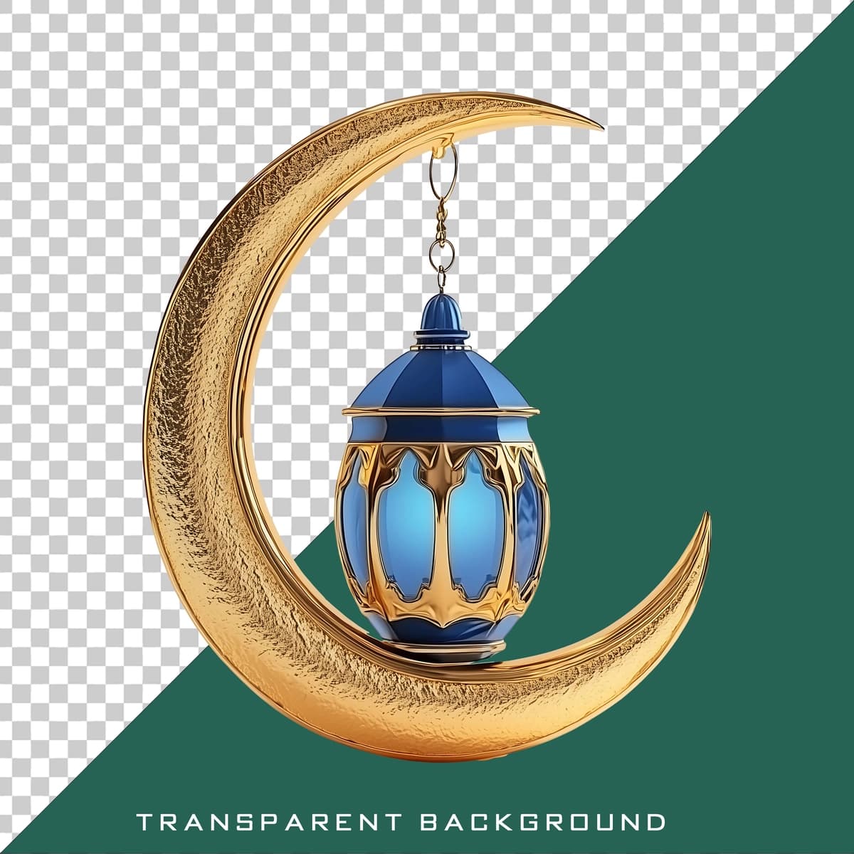 Moviy fonar shaffof fonli oltin yarim oy | Golden crescent moon with blue lantern transparent background