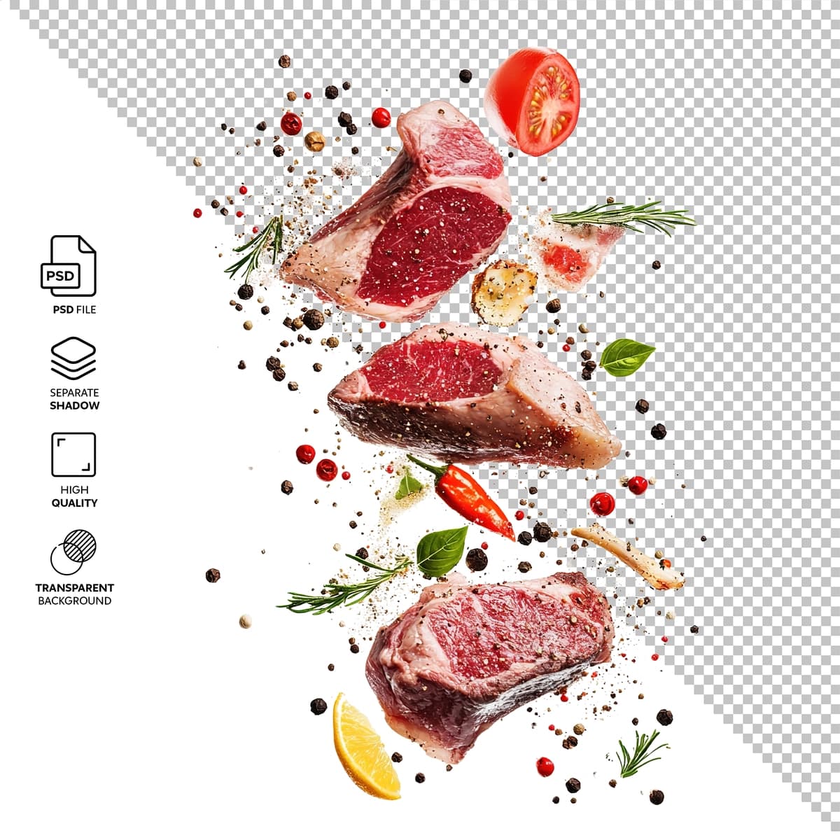 Go'shtli bifteklar yiqilib, fonsiz uchib ketmoqda | Falling down meat steaks flying isolated without background