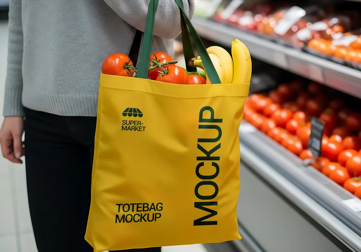 Haqiqiy maket sariq xarid qilish sumkasi supermarket sozlamalari | Realistic mockup yellow shopping tote bag supermarket setting