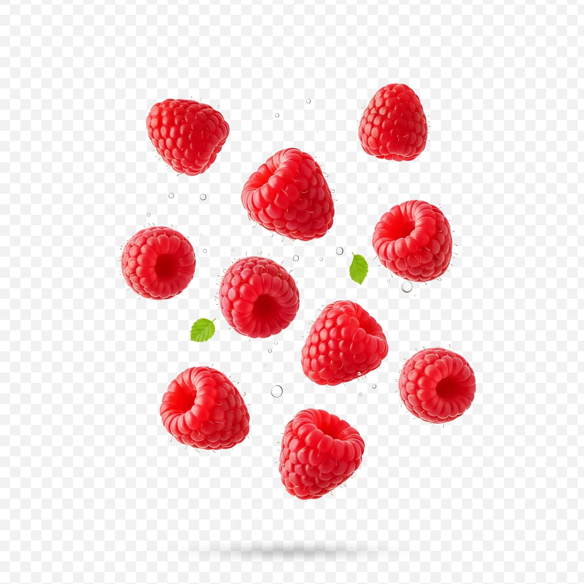 Yalpiz barglari suv tomchilari bilan to'kilgan yangi qizil malina | Fresh red raspberries falling with water droplets mint leaves