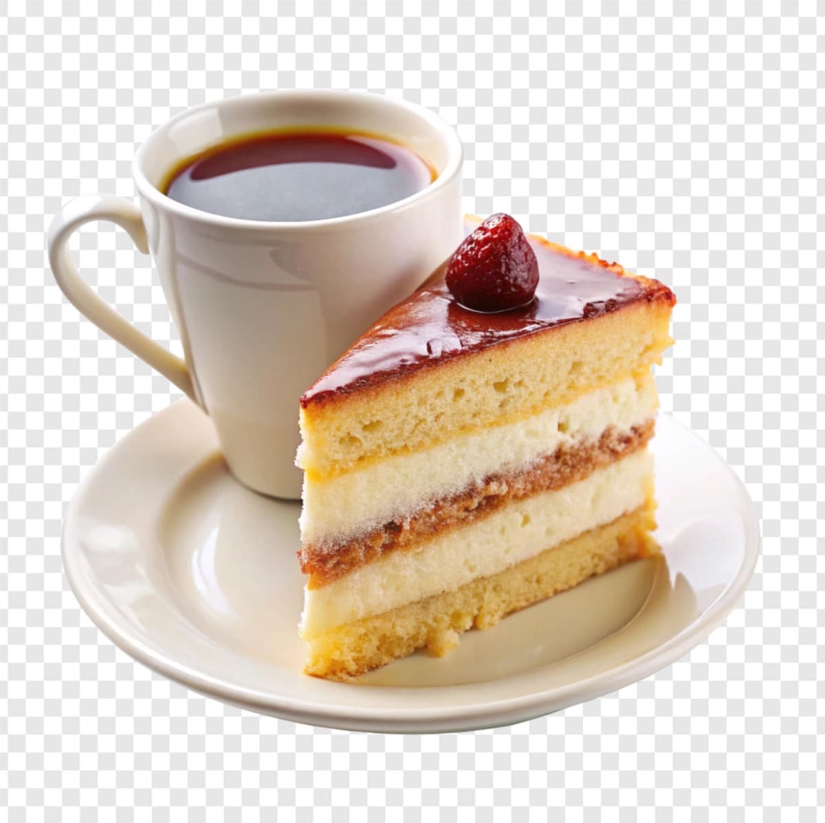 Izolyatsiya qilingan shaffof fonda kofe bilan shimgichli tort | Piece sponge cake with cup coffee isolated transparent background