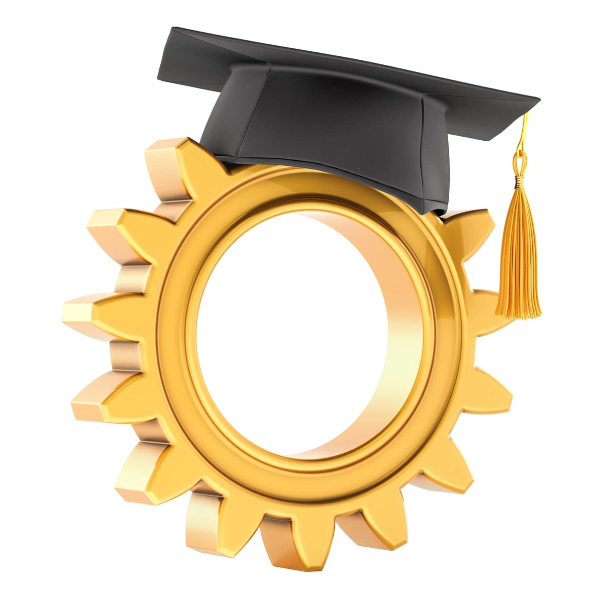 Muhandislik ta'limi tushunchasi tishli g'ildirakli ta'lim shlyapasi 3D render | Engineering education concept gearwheel with education hat 3d rendering