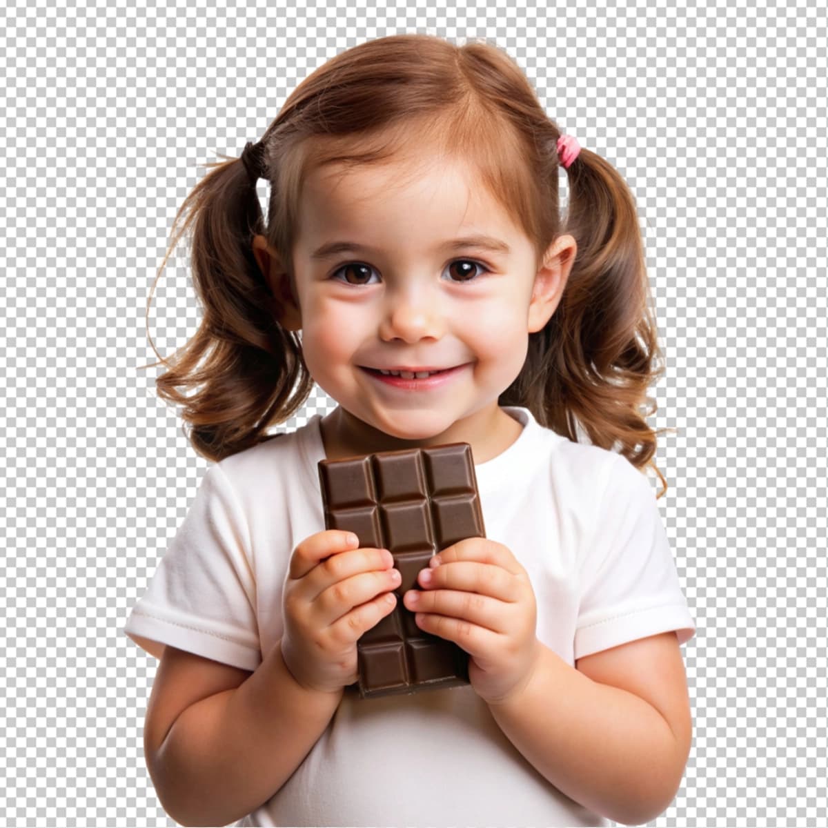 Shokoladli shaffof fonda kichkina qoramag'iz bola | Little brunette kid holding chocolate transparent background