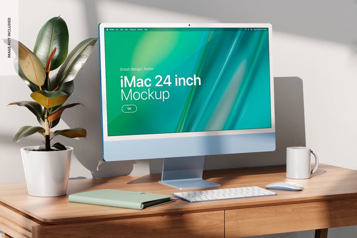 Imac uy stoli maketining yon ko'rinishi | Imac home desk mockup side view