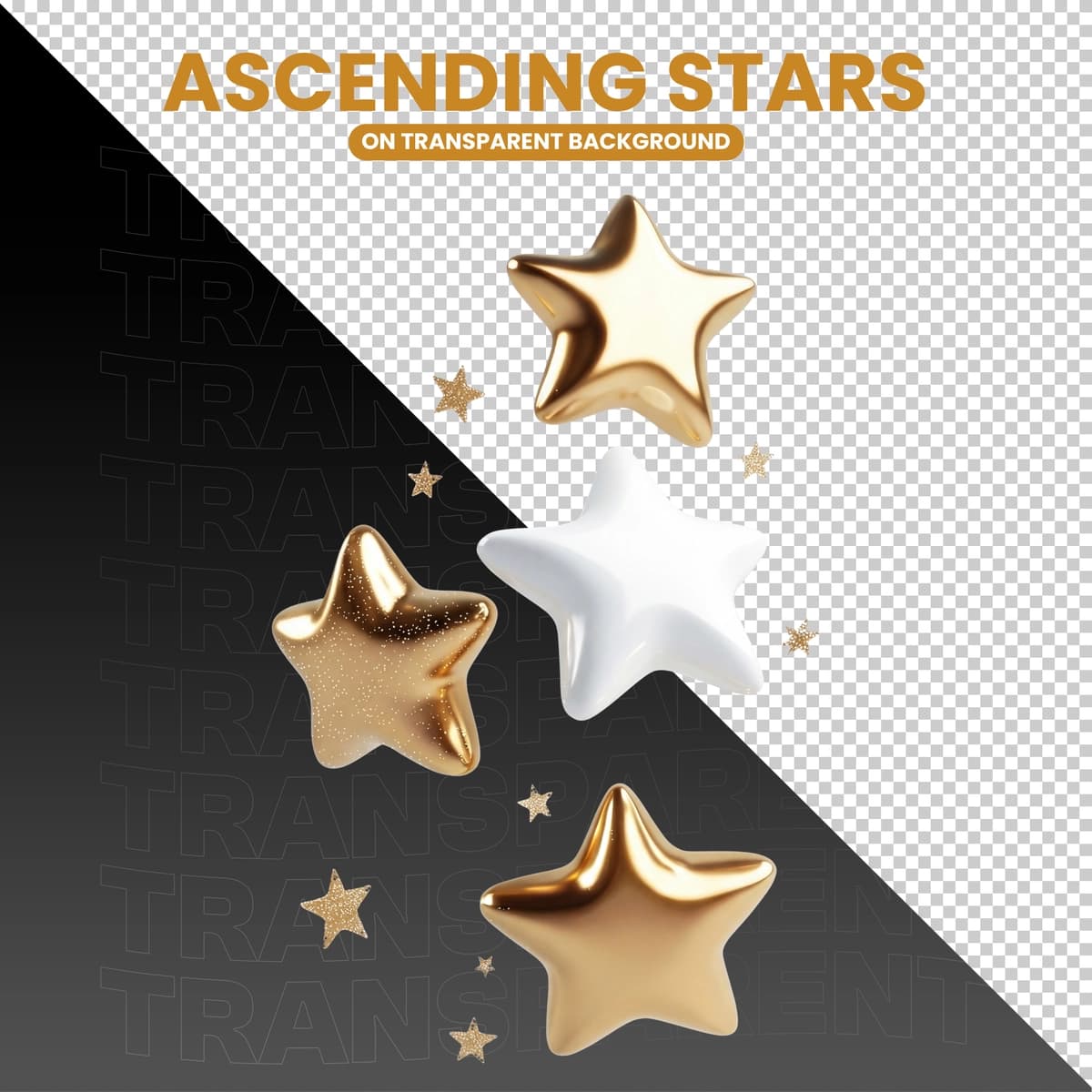 Ko'tarilgan oltin oq 3D yulduzlar | Ascending golden white 3d stars