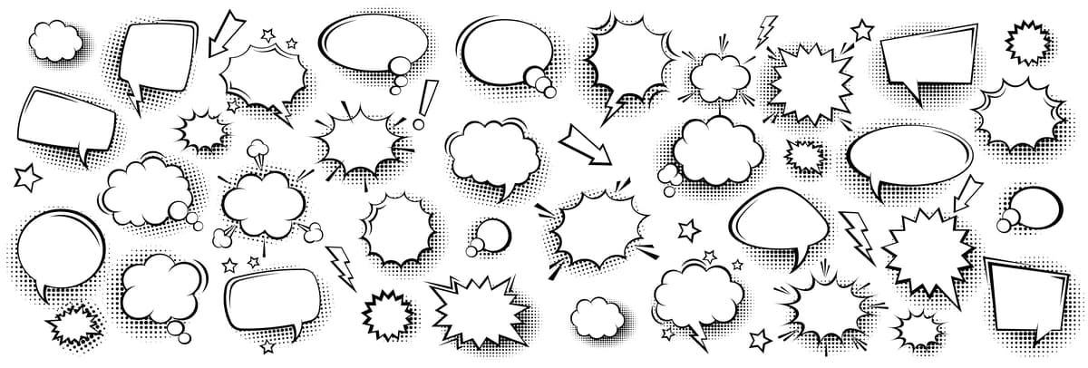 To'plam bo'sh kulgili nutq pufakchalari qo'lda yarim ohangli soyalar | Collection empty comic speech bubbles with halftone shadows hand