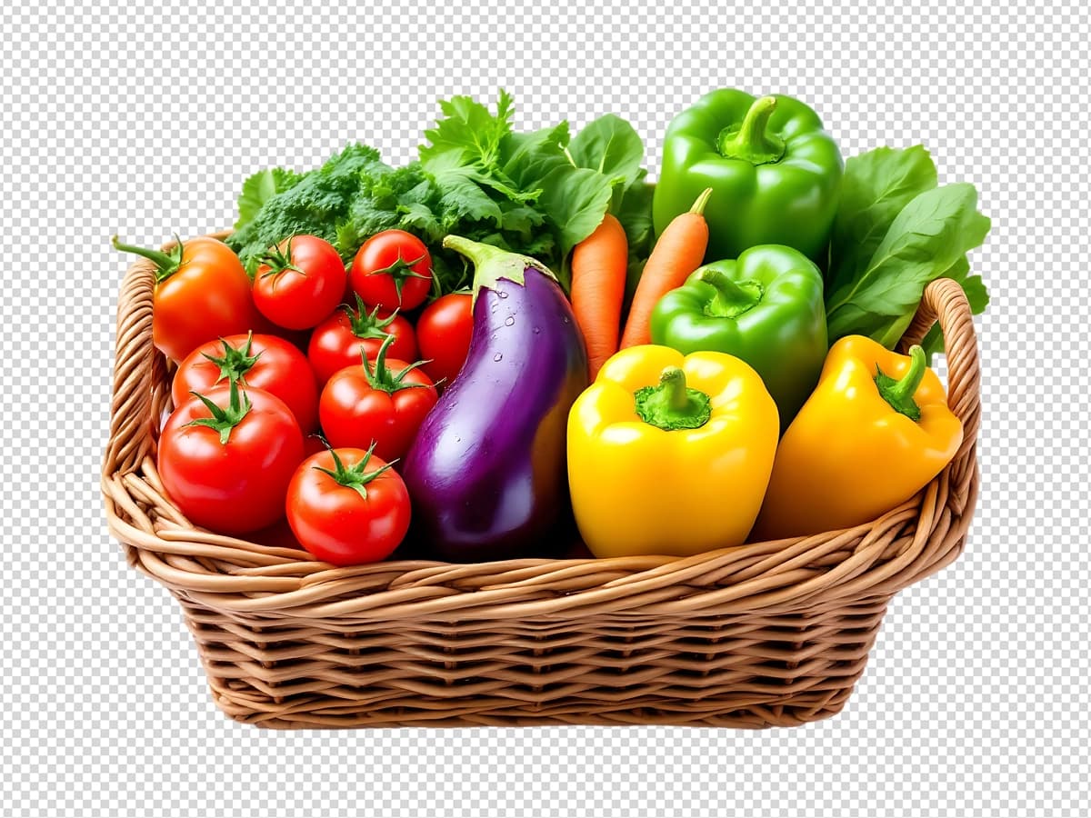 Izolyatsiya qilingan shaffof fonda sabzavotlar bilan to'la savat | Basket full with vegetables isolated transparent background