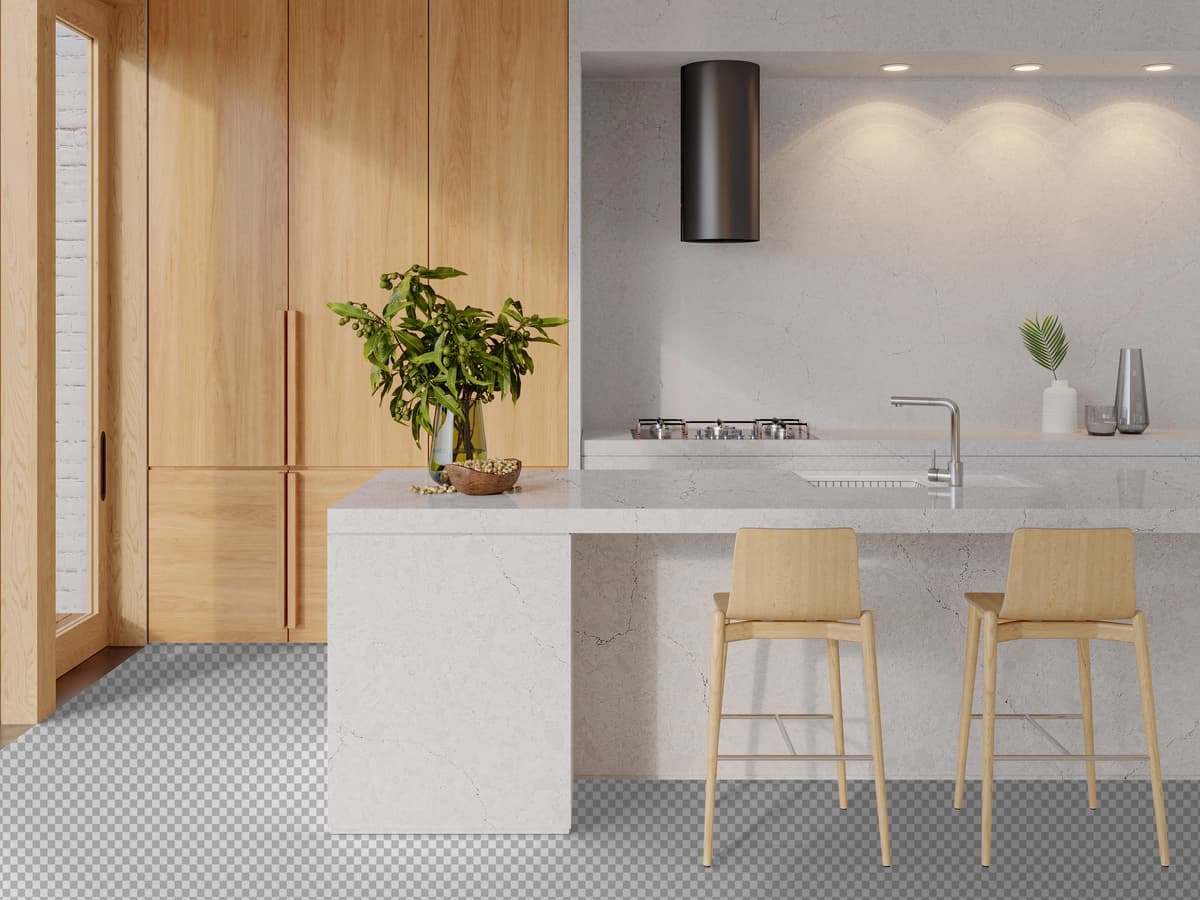 Orol taburelari bilan zamonaviy oshxona interyeri | Modern kitchen interior with island bar stools