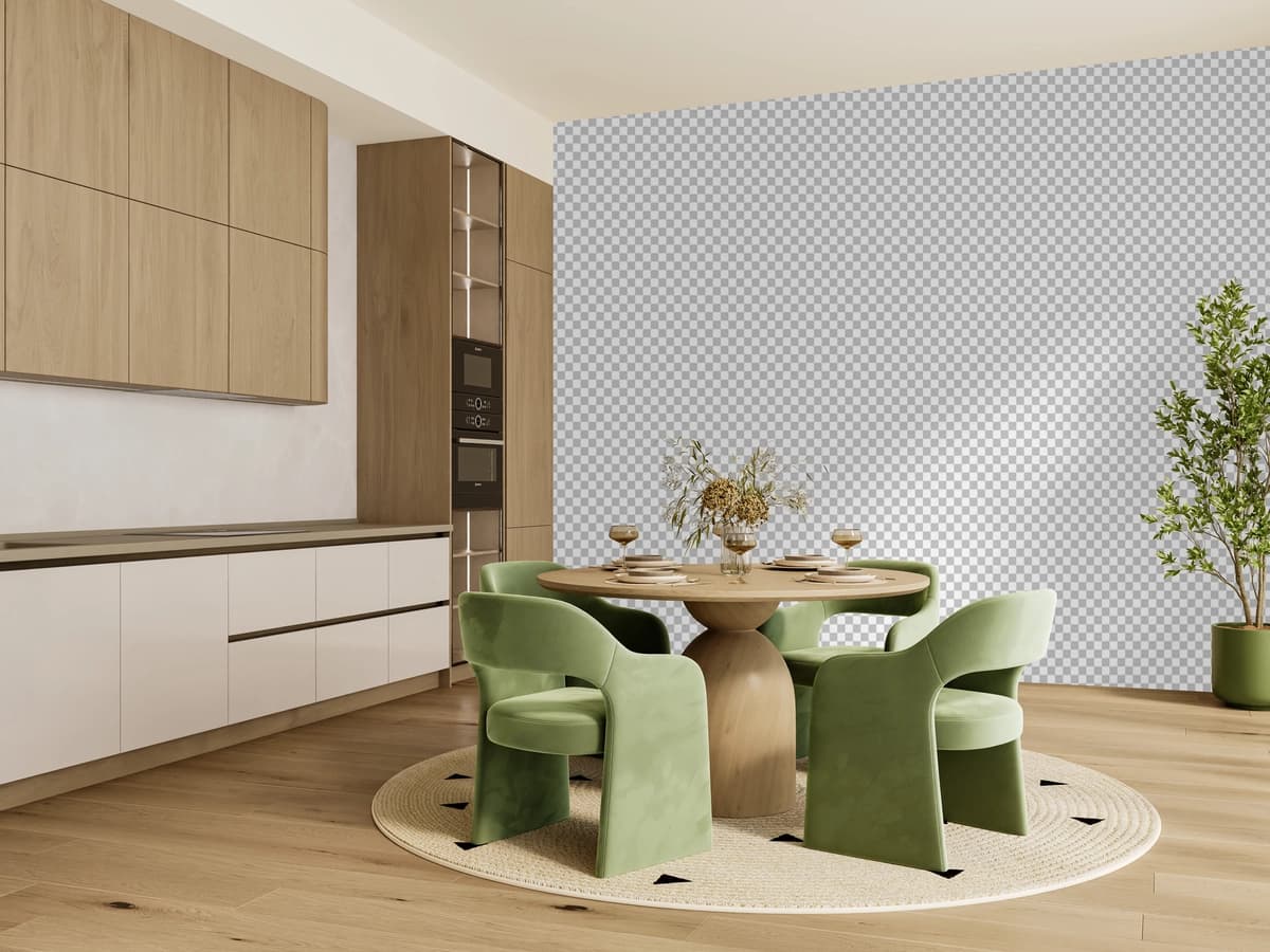 To'ldiruvchi devor bilan zamonaviy oshxona ovqat xonasining ichki qismi | Contemporary kitchen dining room interior with placeholder wall