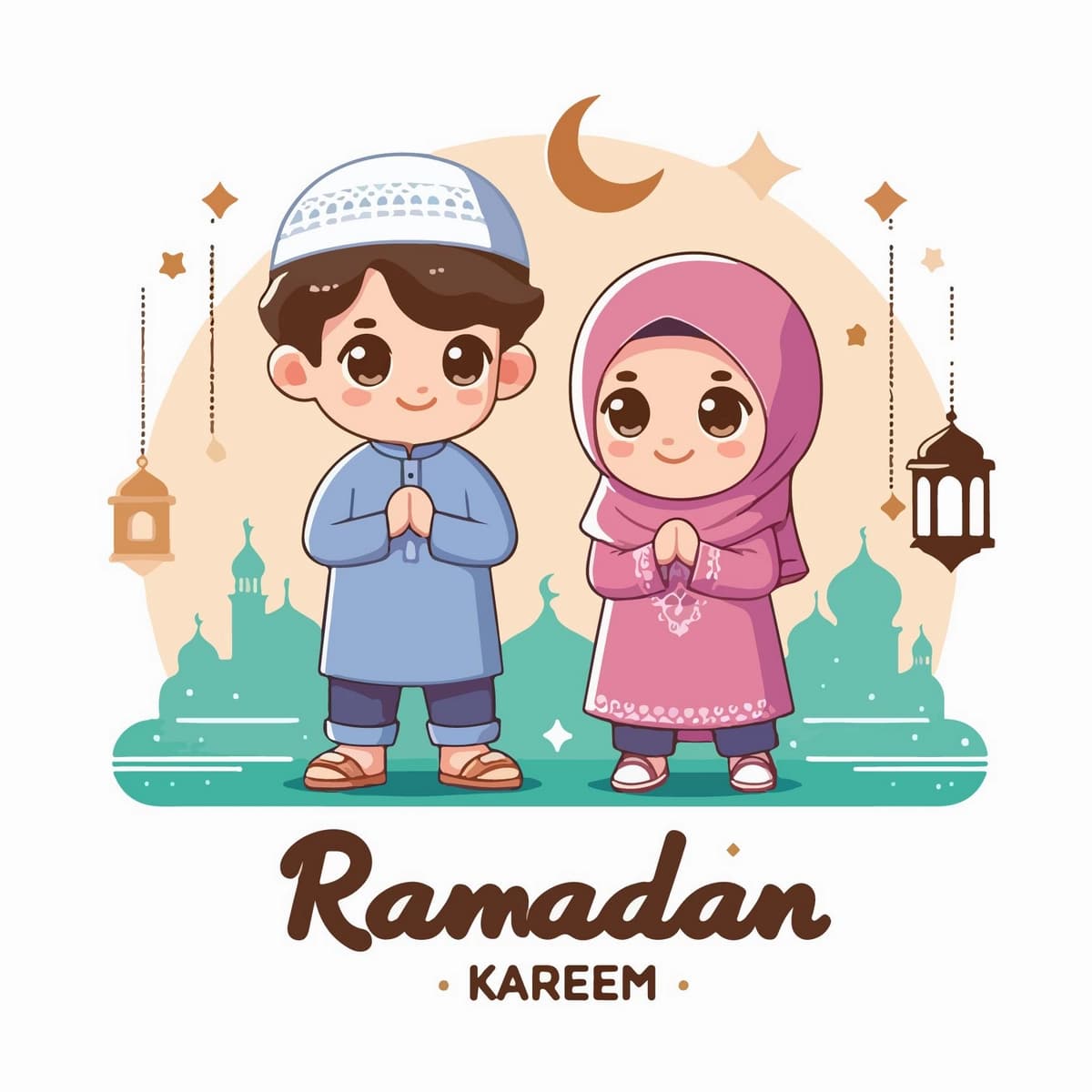 Ramazon oyini nishonlayotgan musulmon bolalarning vektor tasviri | Vector illustration muslim kids celebrating ramadan flat design
