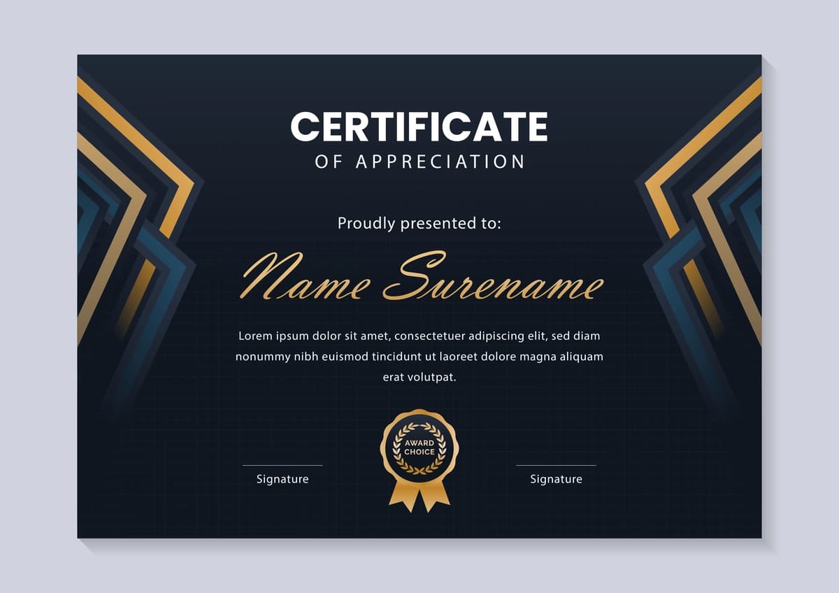 Mukofot nishoni bilan hashamatli quyuq ko'k oltin sertifikat shabloni | Luxury dark blue gold certificate template with award badge