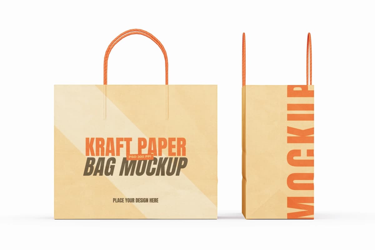 3D renderlangan realistik kraft qog'oz xarid qilish sumkasi maketi old tomoni bilan | 3d rendered realistic kraft paper shopping bag mockup with front