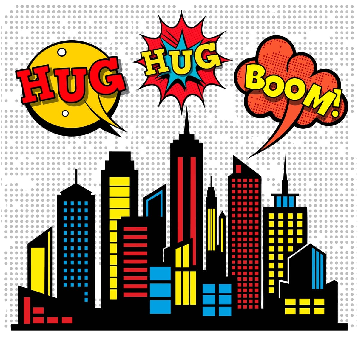 Pop-art shahar silueti rang-barang harakat so'zlari bilan portlamoqda | Pop art city skyline exploding with colorful action words
