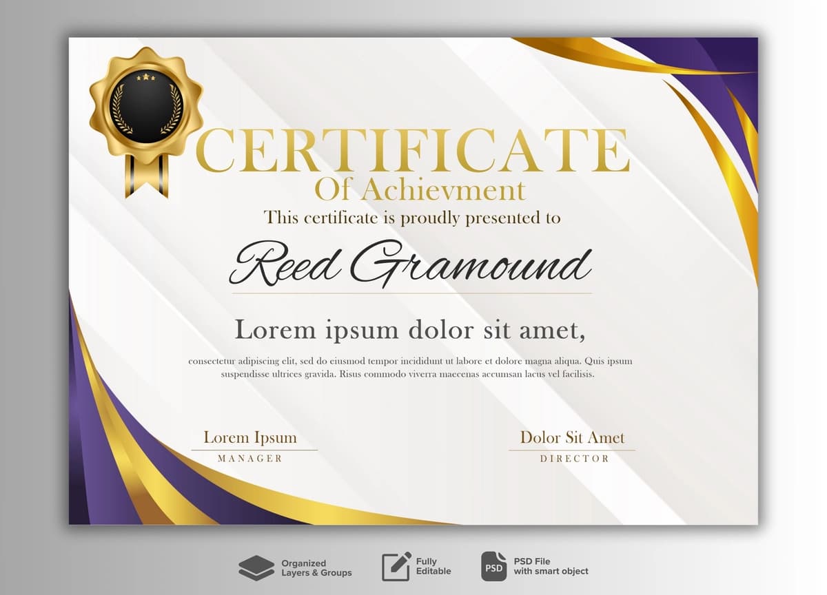 Binafsharang oltin tafsilotlari bilan nafis sertifikat shabloni | Elegant certificate template with purple golden details