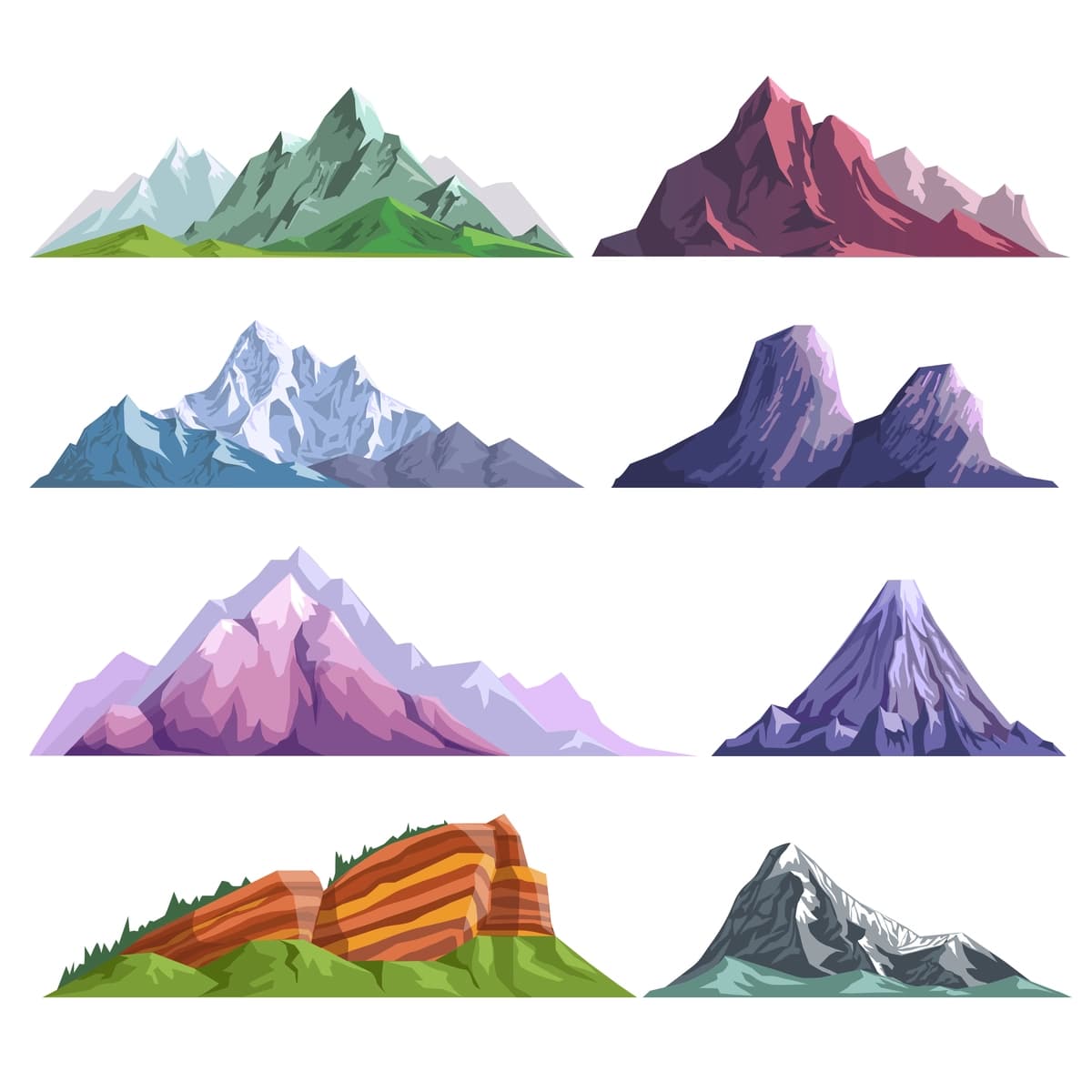 Tog' qoyalari alp tog'i tepaliklari tabiat tekis izolyatsiya qilingan piktogramma to'plami | Mountain rocks alpine mount hills nature flat isolated icons set