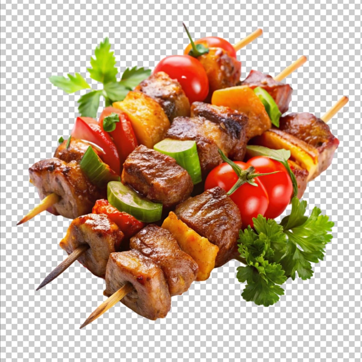 Barbekyu go'shtidan tayyorlangan shishlar oq fonda | Barbeque meat skewers white background