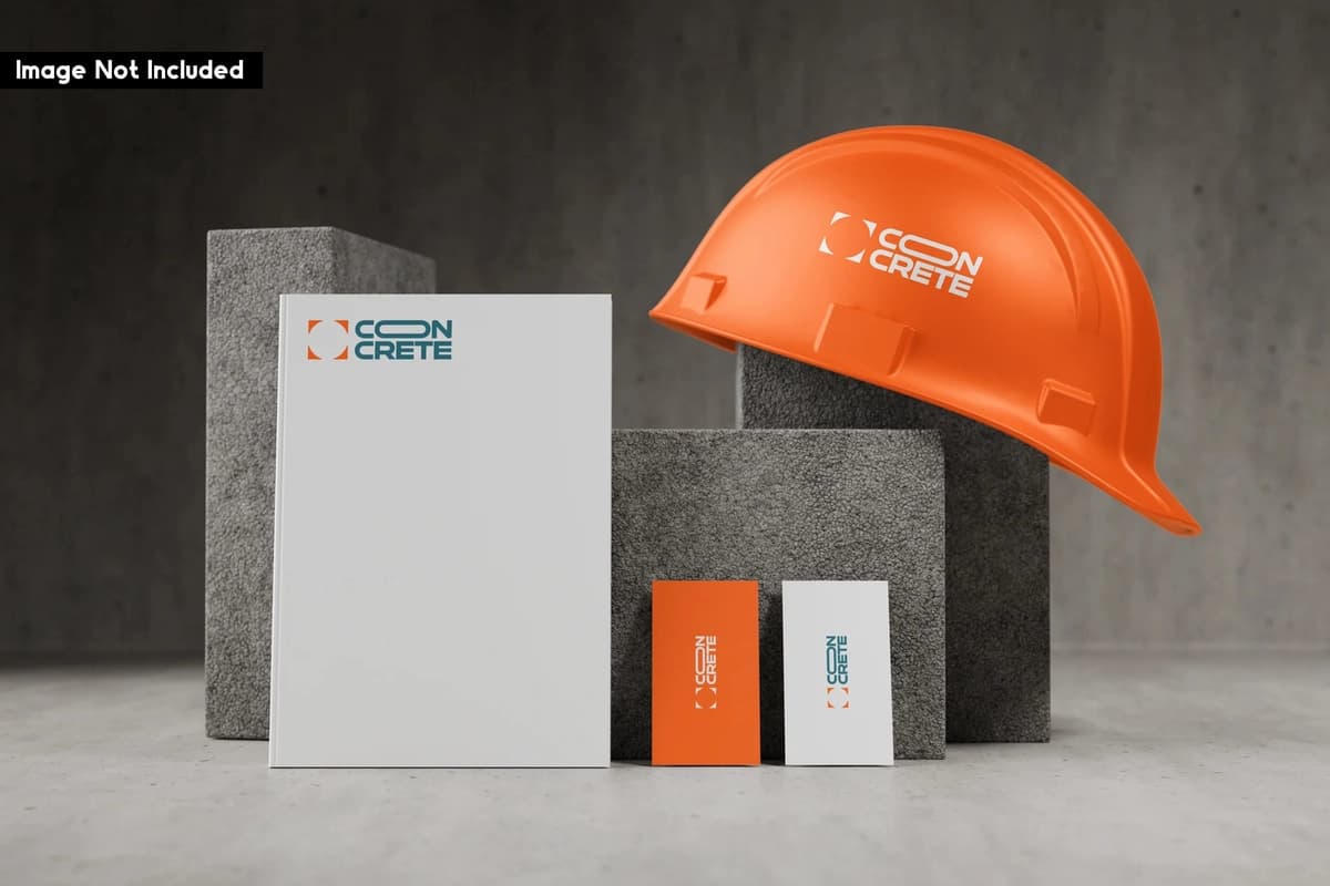 Qurilish kompaniyasi brendining maketi qattiq qalpoqli ish yuritish buyumlari bilan | Construction company branding mockup with hard hat stationery