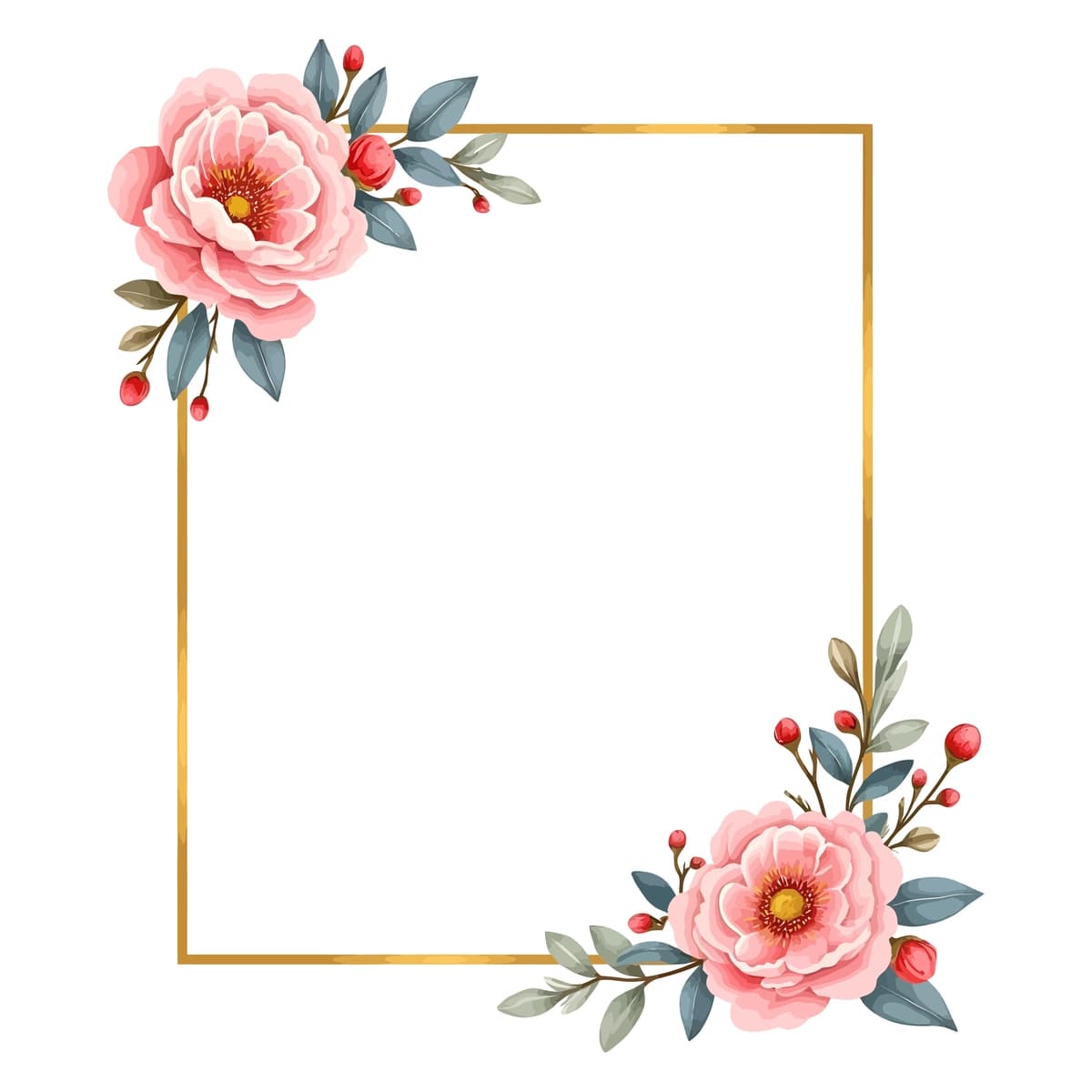 Pushti atirgul yashil bargi bilan oqlangan akvarel oltin ramka | Elegant watercolor golden frame with pink roses green leaf