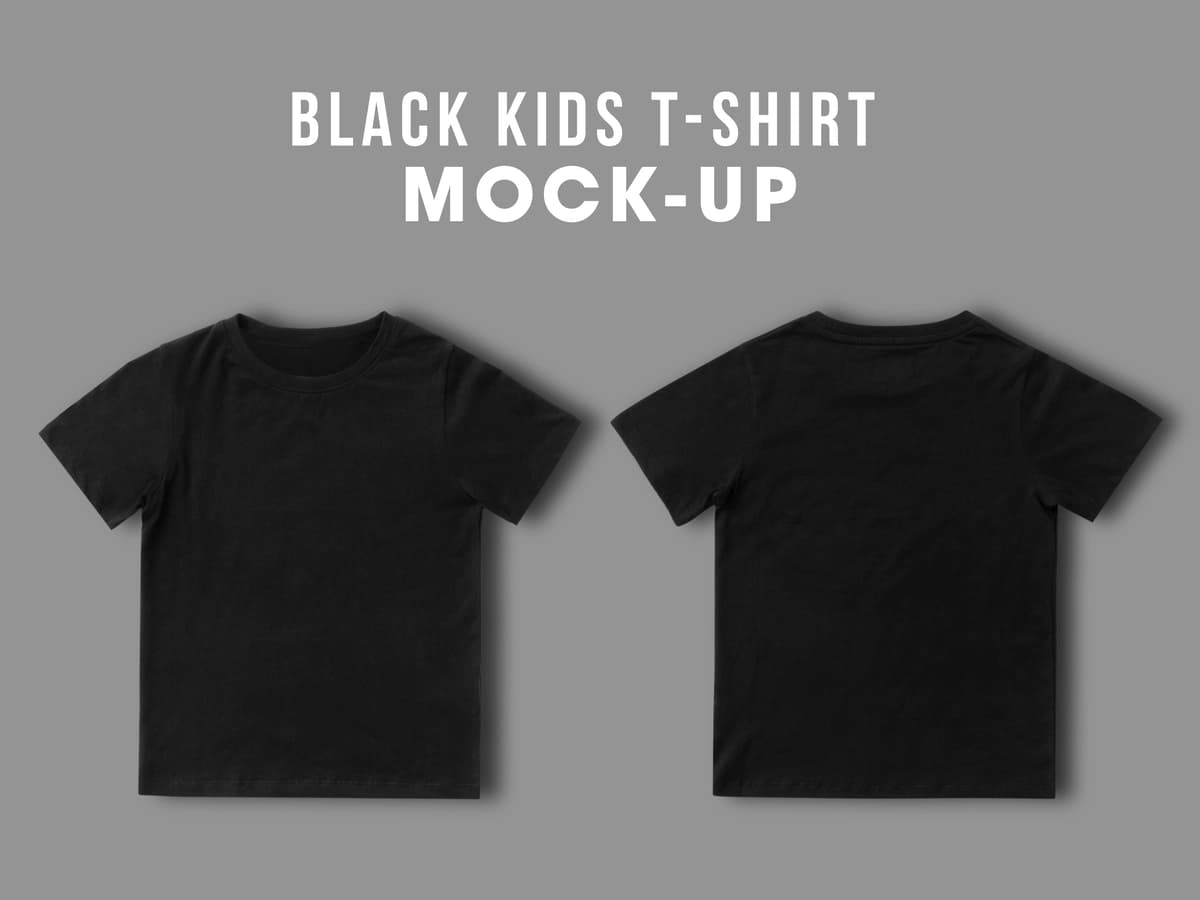 Oldinda bo'sh qora bolalar futbolkasi sizning dizayn shablonini soxtalashtirilgan | Blank black kids t shirt mock up template your design front back