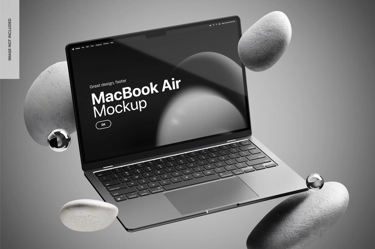 Suzuvchi elementlar maketi bilan Macbook air | Macbook air with floating elements mockup