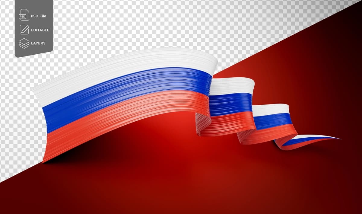 Rossiya bayrog'i yaltiroq hilpiragan bayroq lentasi izolyatsiya qilingan qizil fon 3D | Flag russia shiny waving flag ribbon isolated red background 3d