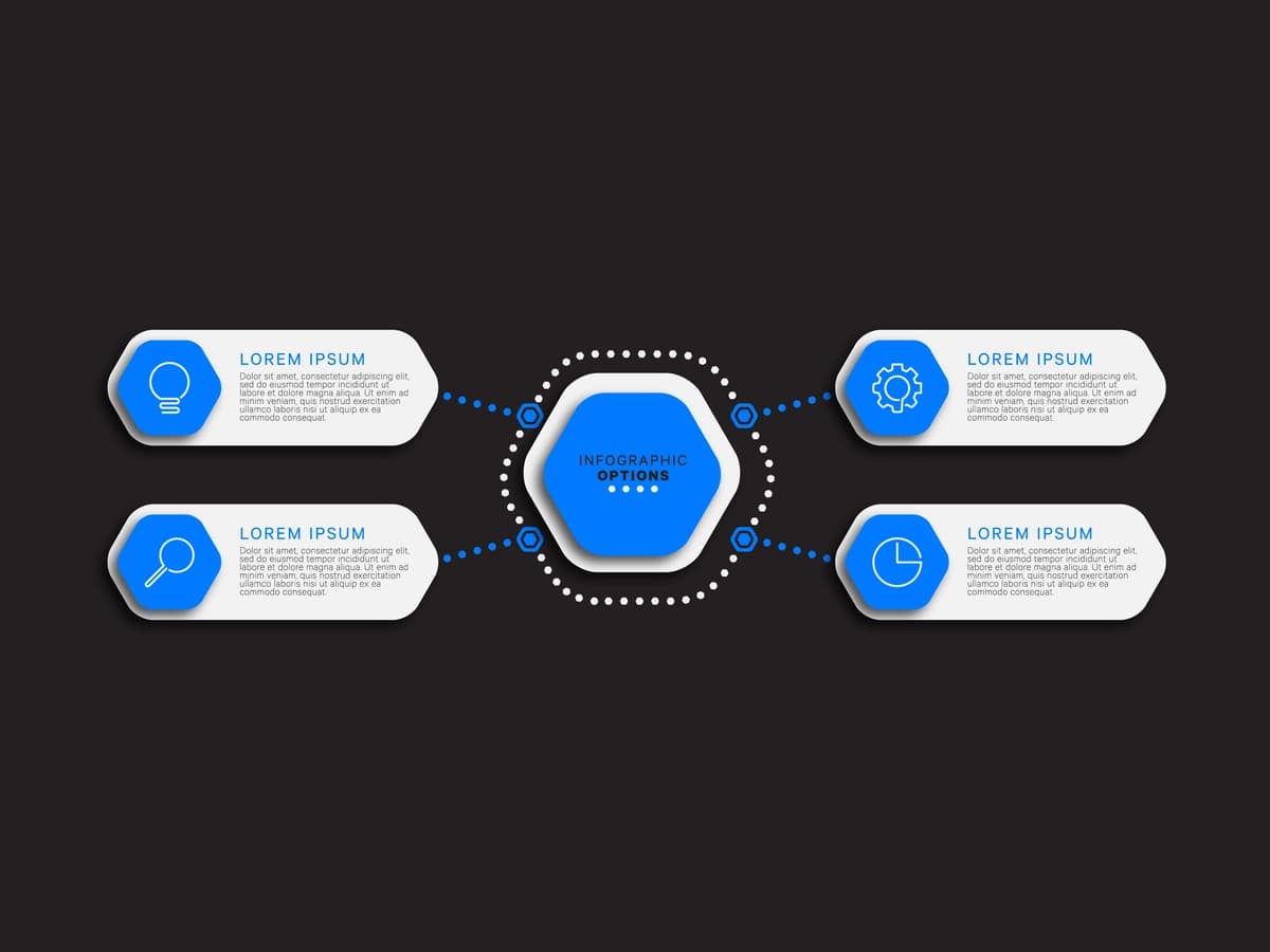 To'rtta ko'k olti burchakli qora fonli infografik shablon | Infographic template with four blue hexagonal options black background