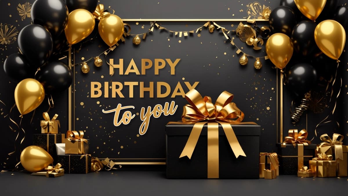 Tug'ilgan kuningiz bilan tabriklash banneri nafis oltin sharli sovg'a qutilari | Happy birthday banner with elegant golden balloon giftboxes