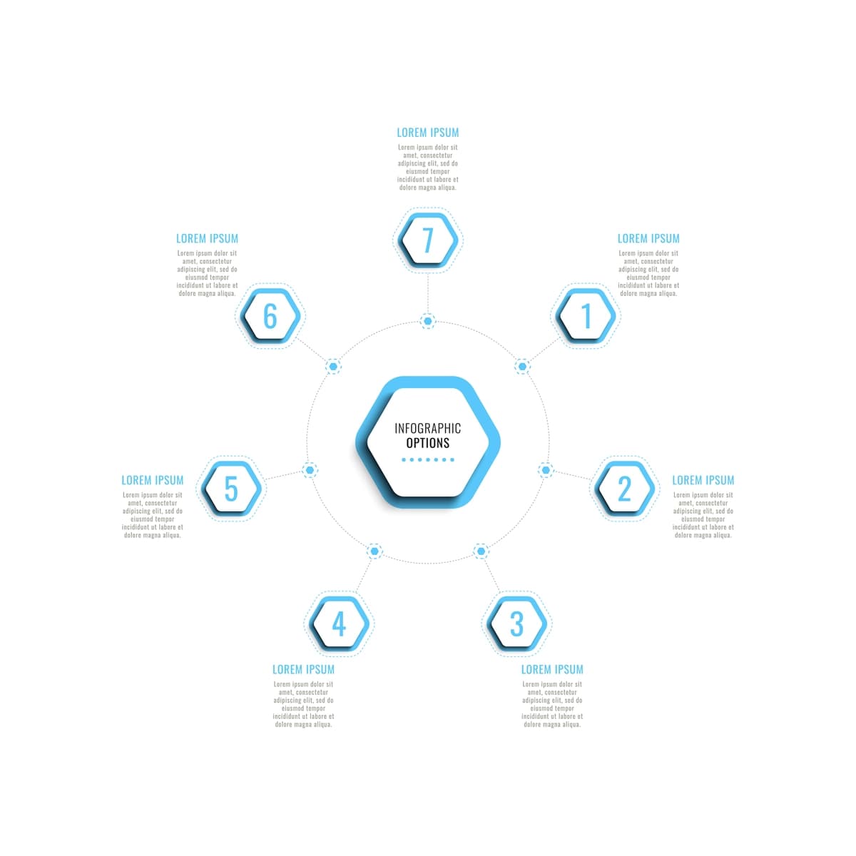Ochiq ko‘k olti burchakli yetti bosqichli dumaloq infografik shablon | Seven steps circular infographic template with light blue hexagonal