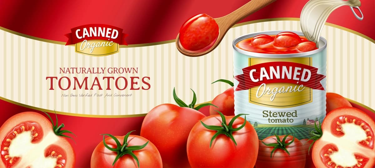 Yangi sabzavotlar bilan konservalangan pomidor reklamalari oddiy to'lqinli fon 3D | Canned tomato ads with fresh vegetables simple wavy background 3d