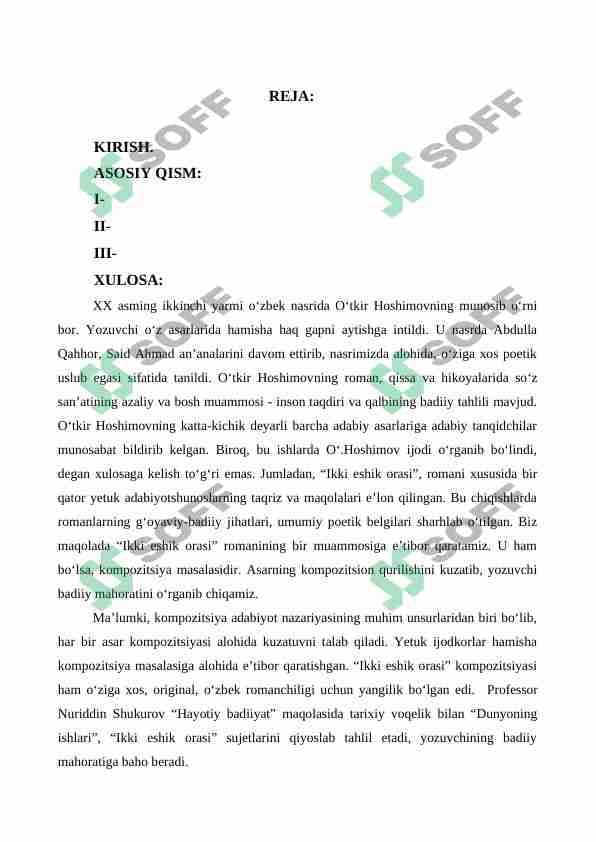 O`tkir Hoshimov asarlari tahlili