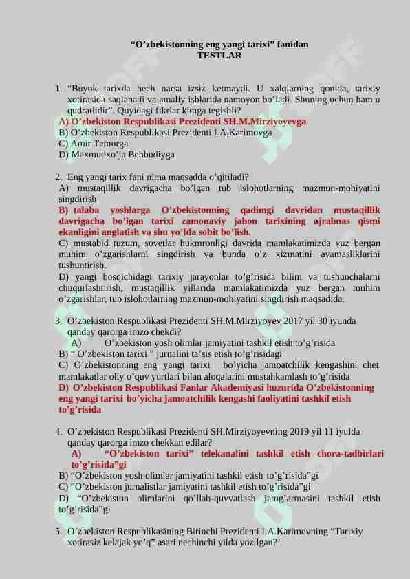 O'zbekistonning eng yangi tarixi fanidan 150 talik test javoblari bilan