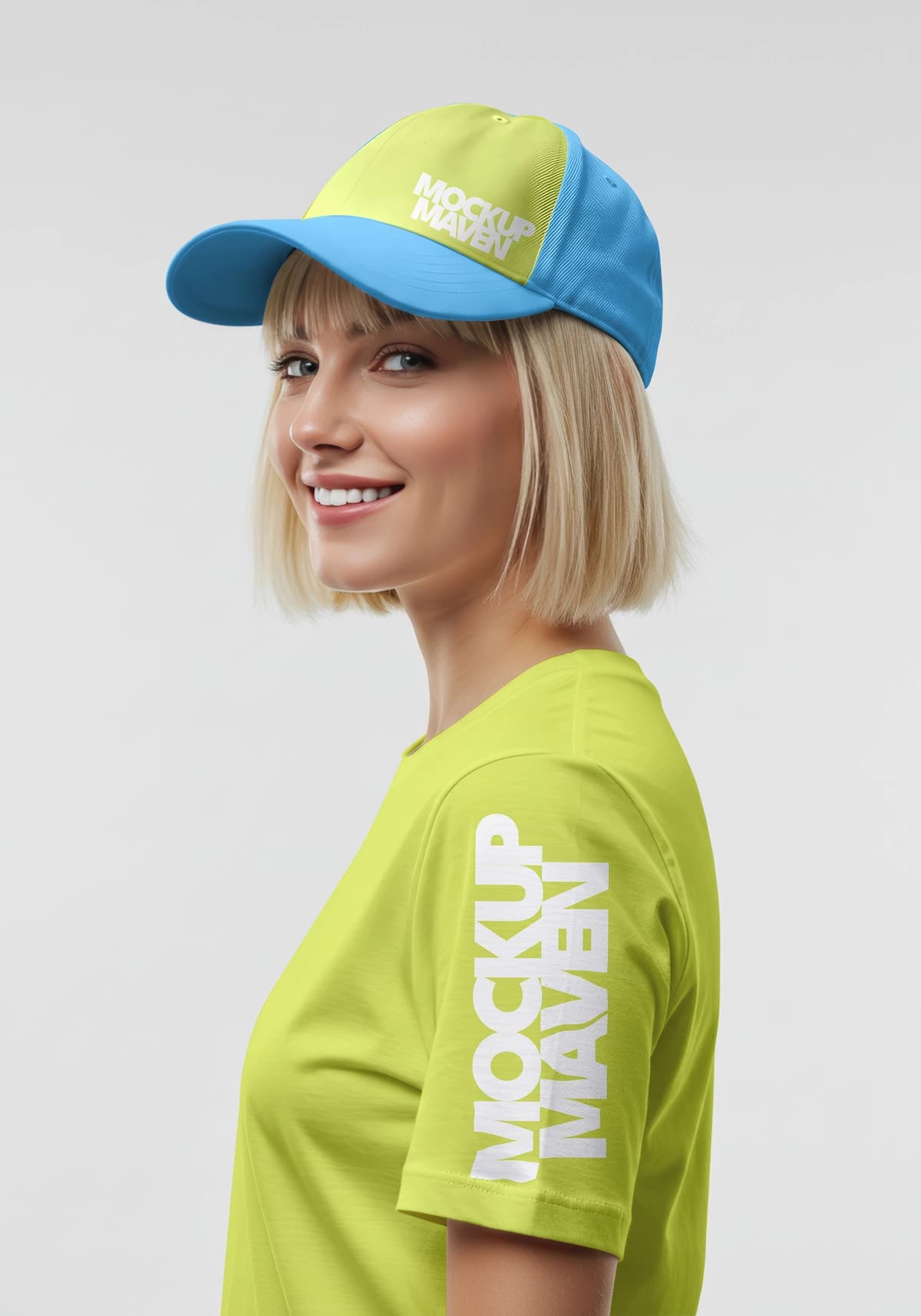 Beysbol qalpoqli futbolka maketi kiygan ayol | Woman wearing baseball cap t shirt mockup